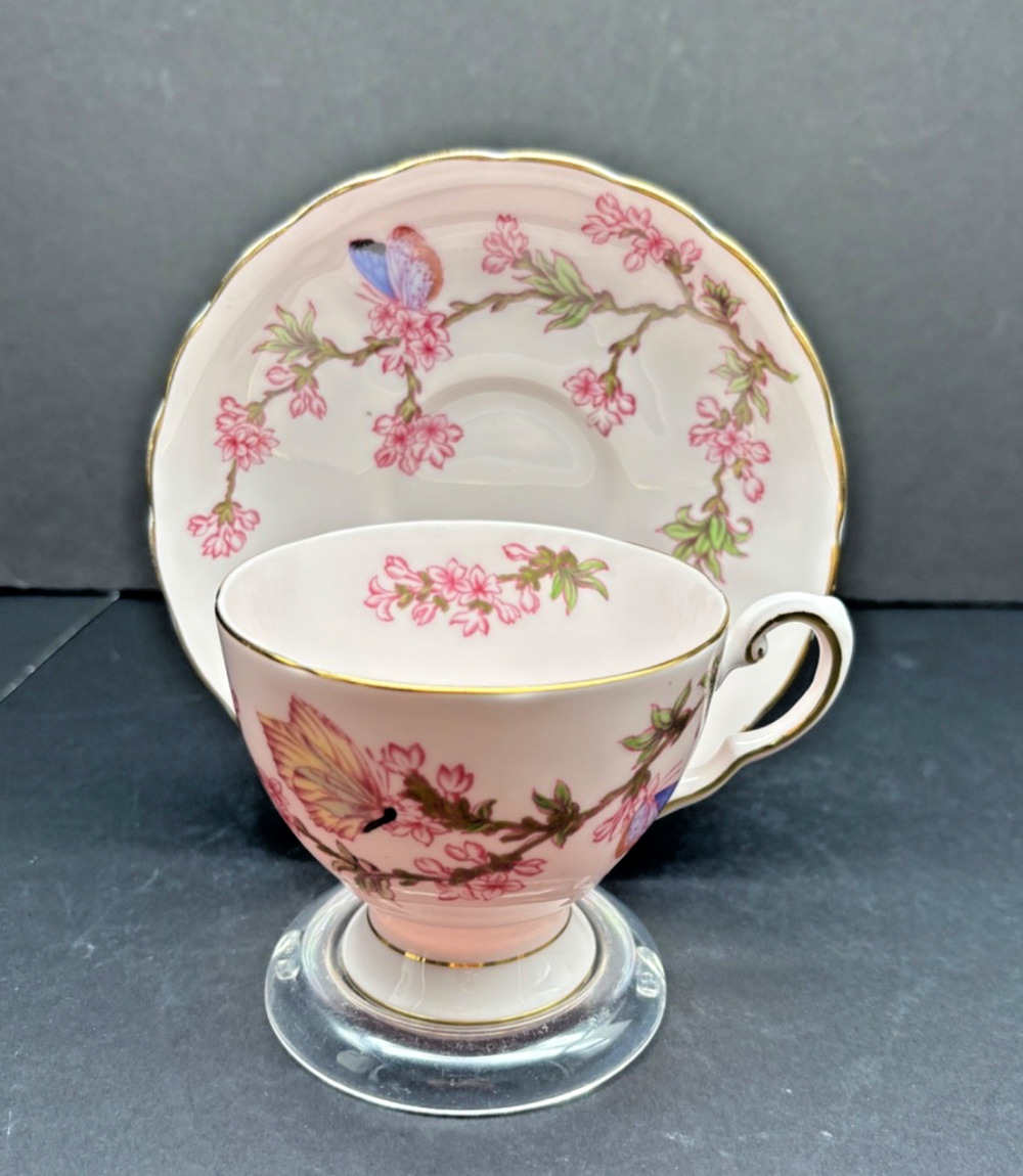 Vintage TUSCAN Soft Pink Bone China Foot Cup Saucer Butterflies Cherry Blossoms